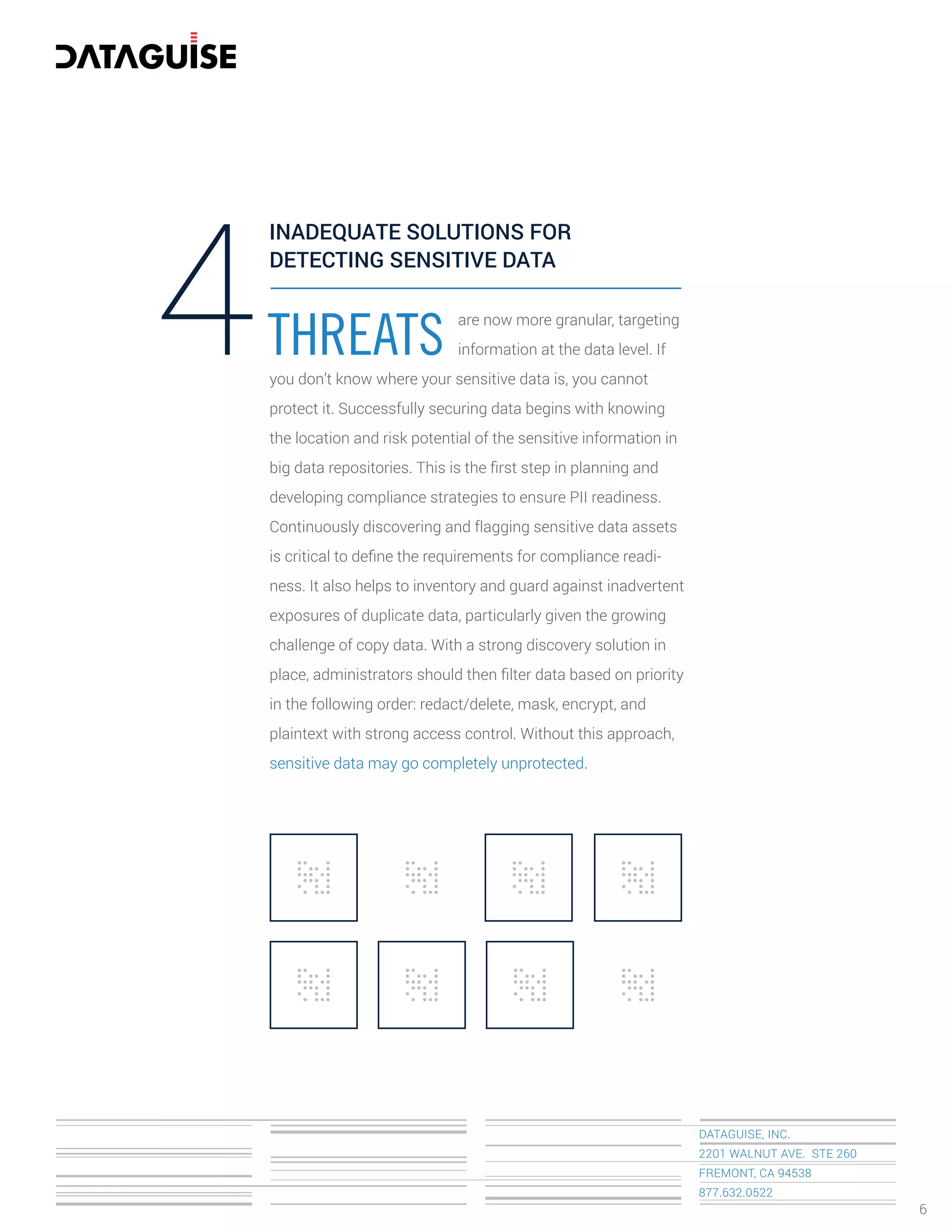DATAGUISE, INC.
2201 WALNUT AVE. STE 260
FREMONT, CA 94538
877.632.0522
THREATS4 are now more granular, targeting
information at the data level. If
you don’t know where your sensitive data is, you cannot
protect it. Successfully securing data begins with knowing
the location and risk potential of the sensitive information in
big data repositories. This is the ﬁrst step in planning and
developing compliance strategies to ensure PII readiness.
Continuously discovering and flagging sensitive data assets
is critical to deﬁne the requirements for compliance readi-
ness. It also helps to inventory and guard against inadvertent
exposures of duplicate data, particularly given the growing
challenge of copy data. With a strong discovery solution in
place, administrators should then ﬁlter data based on priority
in the following order: redact/delete, mask, encrypt, and
plaintext with strong access control. Without this approach,
sensitive data may go completely unprotected.
INADEQUATE SOLUTIONS FOR
DETECTING SENSITIVE DATA
6
 