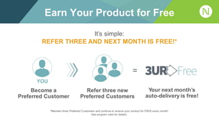 *Maintain three Preferred Customers and continue to receive your product for FREE every month!
See program rules for details.
Become a
Preferred Customer
Refer three new
Preferred Customers
It’s simple:
REFER THREE AND NEXT MONTH IS FREE!*
YOU
=
Your next month’s
auto-delivery is free!
YOU
Earn Your Product for Free
 
