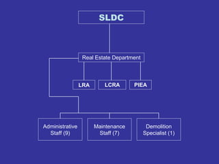Real Estate Department 
LRA 
Administrative 
Staff (9) 
LCRA PIEA 
Maintenance 
Staff (7) 
Demolition 
Specialist (1) 
SLDC 
 