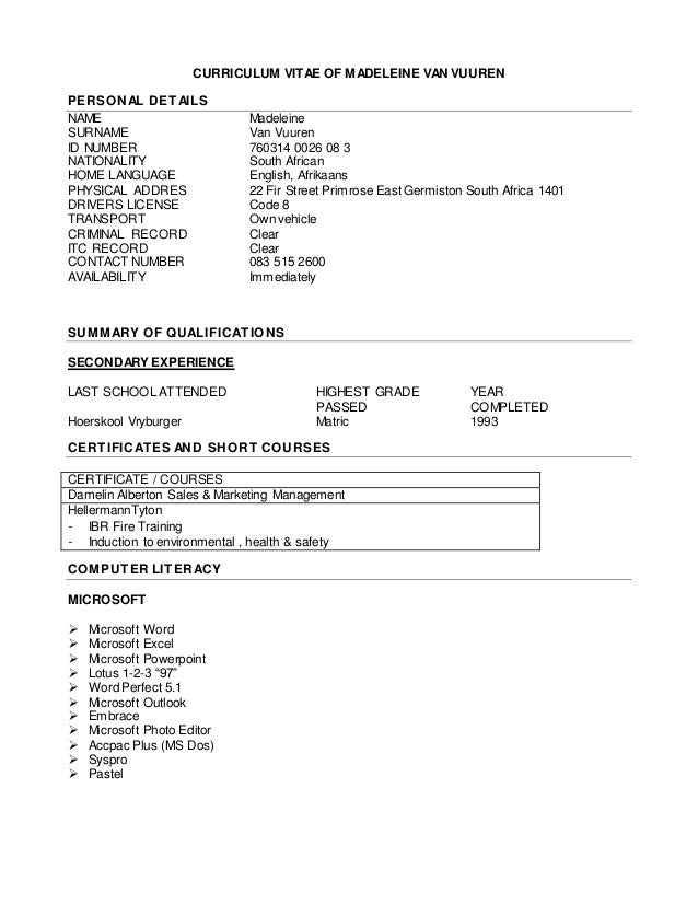 Curriculum Vitae Of Madeleine Van Vuuren