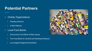 Potential Partners
• Charity Organizations
• Feeding America
• United Nations
• Local Food Banks
• Community Food Bank of ...
