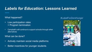 Labels for Education: Lessons Learned
What happened?
• Low participation rates
> Program termination
• Campbell’s will con...