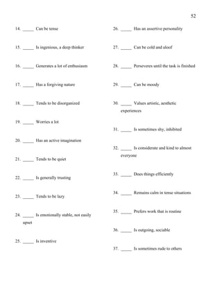 52
14. _____ Can be tense
15. _____ Is ingenious, a deep thinker
16. _____ Generates a lot of enthusiasm
17. _____ Has a forgiving nature
18. _____ Tends to be disorganized
19. _____ Worries a lot
20. _____ Has an active imagination
21. _____ Tends to be quiet
22. _____ Is generally trusting
23. _____ Tends to be lazy
24. _____ Is emotionally stable, not easily
upset
25. _____ Is inventive
26. _____ Has an assertive personality
27. _____ Can be cold and aloof
28. _____ Perseveres until the task is finished
29. _____ Can be moody
30. _____ Values artistic, aesthetic
experiences
31. _____ Is sometimes shy, inhibited
32. _____ Is considerate and kind to almost
everyone
33. _____ Does things efficiently
34. _____ Remains calm in tense situations
35. _____ Prefers work that is routine
36. _____ Is outgoing, sociable
37. _____ Is sometimes rude to others
 