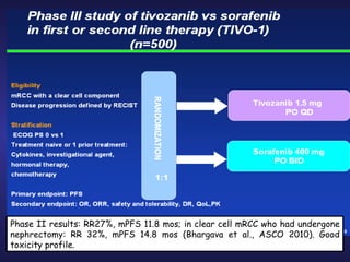 Phase II results: RR27%, mPFS 11.8 mos; in clear cell mRCC who had undergone nephrectomy: RR 32%, mPFS 14.8 mos (Bhargava et al., ASCO 2010). Good toxicity profile. 