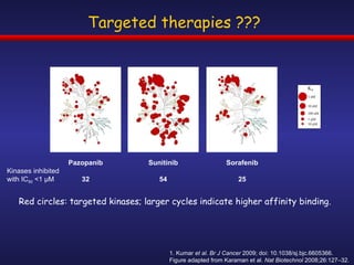 Pazopanib 32 Sorafenib 25 Sunitinib 54 1.  Kumar  et al .  Br J Cancer  2009; doi: 10.1038/sj.bjc.6605366. Figure adapted from Karaman et al.  Nat Biotechnol  2008;26:127–32. Kinases inhibited  with IC 50  <1  μ M Targeted therapies ??? Red circles: targeted kinases; larger cycles indicate higher affinity binding. 