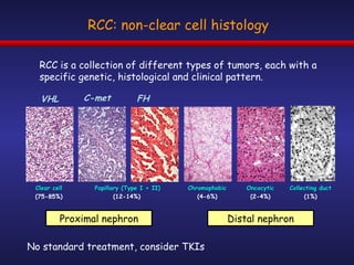RCC: non-clear cell histology RCC is a collection of different types of tumors, each with a specific genetic, histological and clinical pattern. Clear cell (75-85%) Papillary (Type I + II) (12-14%)   Chromophobic (4-6%) Oncocytic (2-4%) Collecting duct (1%) VHL C-met  FH  Proximal nephron Distal nephron No standard treatment, consider TKIs 