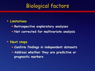 Biological factors Limitations Retrospective exploratory analyses  Not corrected for multivariate analysis Next steps Confirm findings in independent datasets Address whether they are predictive or prognostic markers 