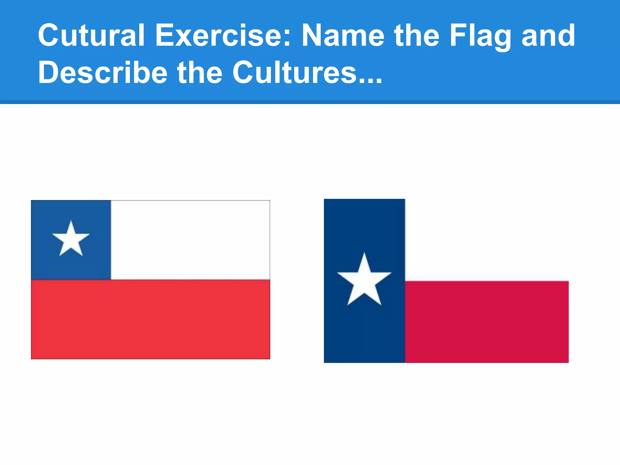 Cutural Exercise: Name the Flag and
Describe the Cultures...
 