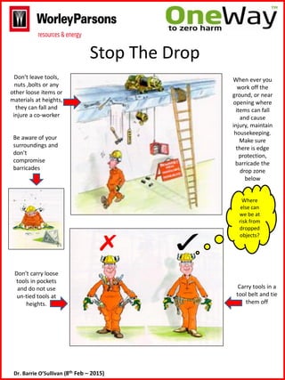 Stop The Drop
Dr. Barrie O’Sullivan (8th Feb – 2015)
Don’t leave tools,
nuts ,bolts or any
other loose items or
materials at heights,
they can fall and
injure a co-worker
Don’t carry loose
tools in pockets
and do not use
un-tied tools at
heights.
Carry tools in a
tool belt and tie
them off
When ever you
work off the
ground, or near
opening where
items can fall
and cause
injury, maintain
housekeeping.
Make sure
there is edge
protection,
barricade the
drop zone
below
Be aware of your
surroundings and
don’t
compromise
barricades
Where
else can
we be at
risk from
dropped
objects?
 