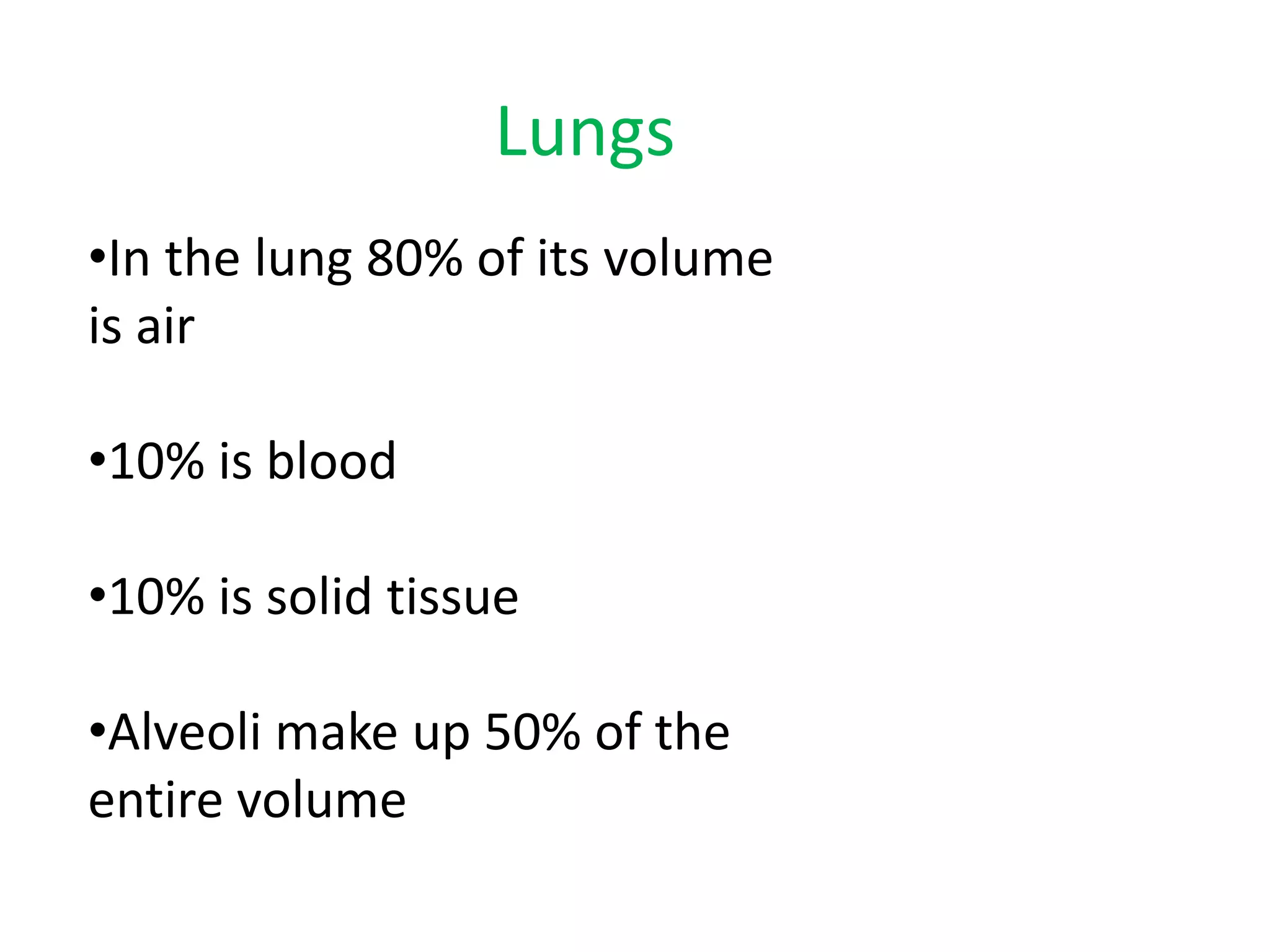 •In the lung 80% of its volume
is air
•10% is blood
•10% is solid tissue
•Alveoli make up 50% of the
entire volume
Lungs
 
