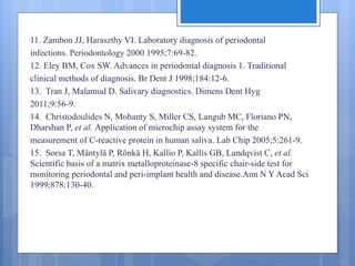 11. Zambon JJ, Haraszthy VI. Laboratory diagnosis of periodontal
infections. Periodontology 2000 1995;7:69-82.
12. Eley BM, Cox SW. Advances in periodontal diagnosis 1. Traditional
clinical methods of diagnosis. Br Dent J 1998;184:12-6.
13. Tran J, Malamud D. Salivary diagnostics. Dimens Dent Hyg
2011;9:56-9.
14. Christodoulides N, Mohanty S, Miller CS, Langub MC, Floriano PN,
Dharshan P, et al. Application of microchip assay system for the
measurement of C-reactive protein in human saliva. Lab Chip 2005;5:261-9.
15. Sorsa T, Mäntylä P, Rönkä H, Kallio P, Kallis GB, Lundqvist C, et al.
Scientific basis of a matrix metalloproteinase-8 specific chair-side test for
monitoring periodontal and peri-implant health and disease.Ann N Y Acad Sci
1999;878:130-40.
 
