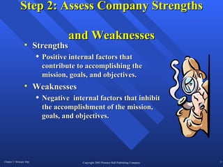 Step 2: Assess Company Strengths  and Weaknesses Strengths Positive internal factors that contribute to accomplishing the mission, goals, and objectives. Weaknesses Negative  internal factors that inhibit the accomplishment of the mission, goals, and objectives. 