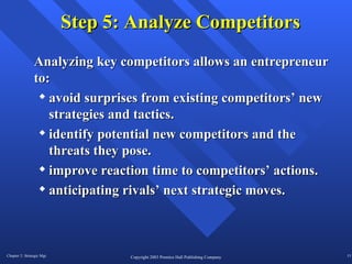 Step 5: Analyze Competitors Analyzing key competitors allows an entrepreneur to: avoid surprises from existing competitors’ new strategies and tactics. identify potential new competitors and the threats they pose. improve reaction time to competitors’ actions. anticipating rivals’ next strategic moves.  