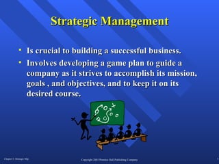 Strategic Management Is crucial to building a successful business.  Involves developing a game plan to guide a company as it strives to accomplish its mission, goals , and objectives, and to keep it on its desired course. 