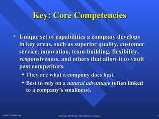 Key: Core Competencies Unique set of capabilities a company develops in key areas, such as superior quality, customer service, innovation, team-building, flexibility, responsiveness, and others that allow it to vault past competitors.  They are what a company does best.  Best to rely on a  natural advantage  (often linked to a company’s smallness).   