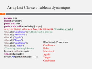 ArrayList Classe : Tableau dynamique
18
package test;
import java.util.*;
public class Test {
public static void main(String[] args) {
ArrayList<String> villes=new ArrayList<String>(); //Creating arraylist
villes.add("Casablanca");//Adding object in arraylist
villes.add("Marrakech");
villes.add("Agadir");
villes.add("Tanger");
villes.add("Casablanca");
villes.add(1,"Rabat");
//Traversing list through Iterator
Iterator itr=villes.iterator();
while(itr.hasNext()){
System.out.println(itr.next()); } }}
Résultats de l’exécution :
Casablanca
Rabat
Marrakech
Agadir
Tanger
Casablanca
 