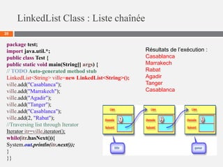 LinkedList Class : Liste chaînée
20
package test;
import java.util.*;
public class Test {
public static void main(String[] args) {
// TODO Auto-generated method stub
LinkedList<String> ville=new LinkedList<String>();
ville.add("Casablanca");
ville.add("Marrakech");
ville.add("Agadir");
ville.add("Tanger");
ville.add("Casablanca");
ville.add(2, "Rabat");
//Traversing list through Iterator
Iterator itr=ville.iterator();
while(itr.hasNext()){
System.out.println(itr.next());
}
}}
Résultats de l’exécution :
Casablanca
Marrakech
Rabat
Agadir
Tanger
Casablanca
 