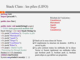 Stack Class : les piles (LIFO)
23
Résultats de l’exécution :
Casablanca
Marrakech
Agadir
Tanger
Casablanca
 Stack est la sous-classe de Vector.
 Il implémente la structure de données (LIFO), à
savoir la pile.
 La pile contient toutes les méthodes de la classe
Vector et fournit également ses méthodes telles
que boolean push (), boolean peek (), boolean
push (objet o), qui définit ses propriétés.
package test;
import java.util.*;
public class Test {
public static void main(String[] args) {
// TODO Auto-generated method stub
Stack<String> ville=new Stack<String>();
ville.push("Casablanca"); //Empiler la pile
ville.push("Marrakech");
ville.push("Agadir");
ville.push("Tanger");
ville.push("Casablanca");
ville.push("Rabat");
ville.pop(); //dépiler la pile
//Traversing list through Iterator
Iterator itr=ville.iterator();
while(itr.hasNext()){
System.out.println(itr.next()); } }}
 