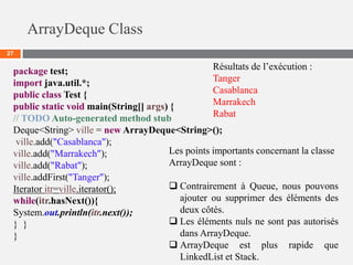 ArrayDeque Class
27
package test;
import java.util.*;
public class Test {
public static void main(String[] args) {
// TODO Auto-generated method stub
Deque<String> ville = new ArrayDeque<String>();
ville.add("Casablanca");
ville.add("Marrakech");
ville.add("Rabat");
ville.addFirst("Tanger");
Iterator itr=ville.iterator();
while(itr.hasNext()){
System.out.println(itr.next());
} }
}
Résultats de l’exécution :
Tanger
Casablanca
Marrakech
Rabat
Les points importants concernant la classe
ArrayDeque sont :
 Contrairement à Queue, nous pouvons
ajouter ou supprimer des éléments des
deux côtés.
 Les éléments nuls ne sont pas autorisés
dans ArrayDeque.
 ArrayDeque est plus rapide que
LinkedList et Stack.
 
