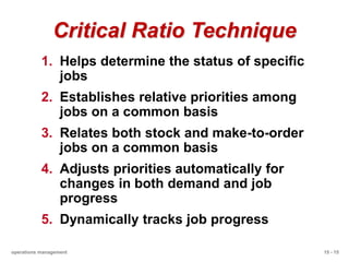 15 - 15
operations management
Critical Ratio Technique
1. Helps determine the status of specific
jobs
2. Establishes relative priorities among
jobs on a common basis
3. Relates both stock and make-to-order
jobs on a common basis
4. Adjusts priorities automatically for
changes in both demand and job
progress
5. Dynamically tracks job progress
 