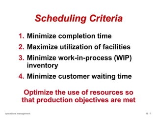15 - 7
operations management
Scheduling Criteria
1. Minimize completion time
2. Maximize utilization of facilities
3. Minimize work-in-process (WIP)
inventory
4. Minimize customer waiting time
Optimize the use of resources so
that production objectives are met
 