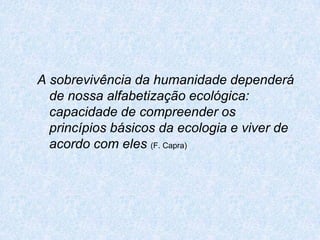 A sobrevivência da humanidade dependerá
  de nossa alfabetização ecológica:
  capacidade de compreender os
  princípios básicos da ecologia e viver de
  acordo com eles (F. Capra)
 