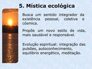 5. Mística ecológica
 Busca um sentido integrador da
 existência pessoal, coletiva e
 cósmica.

 Propõe um novo estilo de vida,
 mais saudável e responsável.

 Evolução espiritual: integração das
 pulsões, autoconhecimento,
 equilíbrio energético, meditação.
 