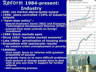 Reform 1984-present:
Industry
•SOE: can market above-quota output
•1996: plans controlled <10% of industrial
outputs
•"Open-door policy" :
–Special Economic Zones (SEZ) and Economic,
Technological Development Districts (ETDD)
–exempt from most controls on foreign
investment
•1989: Stock markets open
•Since 1992: "socialist market economy“
•Late 1990s: privatization of housing stock
•Gradualism with spectacular results
–No massive urban unemployment or poverty
•Lessons:
–start small, focus on reforms with greatest
probability of success
–gradually move on to more difficult problems
–limit amount of change people have to deal
with at any one time  support for further
reforms
–Self-sustaining process
 
