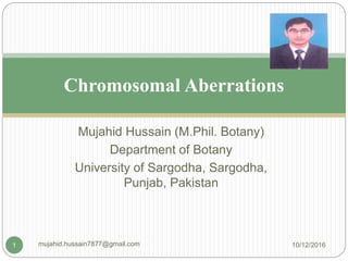 Mujahid Hussain (M.Phil. Botany)
Department of Botany
University of Sargodha, Sargodha,
Punjab, Pakistan
Chromosomal Aberrations
10/12/2016mujahid.hussain7877@gmail.com1
 