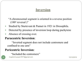 Inversion
“A chromosomal segment is oriented in a reverse position
(180o reversal )”
 Studied by Sturtevant & Punnet in 1921 in Drosophila.
 Detected by presence of inversion loop during pachytene
 Absence of crossing over.
Paracentric Inversion:
“Inverted segment does not include centromere and
confined to one arm”
Pericentric Inversion:
“Included the centromere”
10/12/2016mujahid.hussain7877@gmail.com10
 