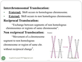 Interchromosomal Translocation:
 Fraternal: Shift occurs to homologous chromosome.
 External: Shift occurs to non homologous chromosome.
Reciprocal Translocation:
“Exchange between segments of non homologous
chromosomes or regions of same chromosome”.
Non reciprocal Translocation:
“Movement of a chromosome
segment to non homologous
chromosome or region of same chr.
without reciprocal change”.
10/12/2016mujahid.hussain7877@gmail.com13
 