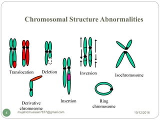 Translocation Deletion
Insertion
Inversion Isochromosome
Ring
chromosome
Derivative
chromosome
Chromosomal Structure Abnormalities
10/12/2016mujahid.hussain7877@gmail.com4
 