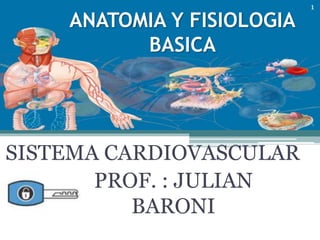 1
1
ANATOMIA Y FISIOLOGIA
BASICA
SISTEMA CARDIOVASCULAR
PROF. : JULIAN
BARONI
 