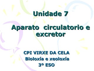 Unidade 7Unidade 7
Aparato circulatorio eAparato circulatorio e
excretorexcretor
CPI VIRXE DA CELACPI VIRXE DA CELA
Bioloxía e xeoloxíaBioloxía e xeoloxía
3º ESO3º ESO
 