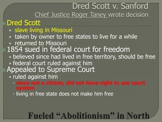 Dred Scott 
• slave living in Missouri 
• taken by owner to free states to live for a while 
• returned to Missouri 
1854 sued in federal court for freedom 
• believed since had lived in free territory, should be free 
• federal court ruled against him 
Appealed to Supreme Court 
• ruled against him 
 since not a citizen, did not have right to use court 
system 
 living in free state does not make him free 
 