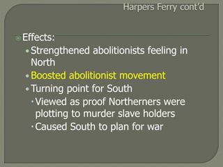 Effects: 
• Strengthened abolitionists feeling in 
North 
• Boosted abolitionist movement 
• Turning point for South 
Viewed as proof Northerners were 
plotting to murder slave holders 
Caused South to plan for war 
 