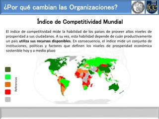 ¿Por qué cambian las Organizaciones?
Índice de Competitividad Mundial
El índice de competitividad mide la habilidad de los países de proveer altos niveles de
prosperidad a sus ciudadanos. A su vez, esta habilidad depende de cuán productivamente
un país utiliza sus recursos disponibles. En consecuencia, el índice mide un conjunto de
instituciones, políticas y factores que definen los niveles de prosperidad económica
sostenible hoy y a medio plazo
Referencias
 