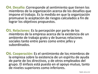 4. Desafío: Corresponde al sentimiento que tienen los
miembros de la organización acerca de los desafíos que
impone el trabajo. Es la medida en que la organización
promueve la aceptación de riesgos calculados a fin de
lograr los objetivos propuestos.
5. Relaciones: Es la percepción por parte de los
miembros de la empresa acerca de la existencia de un
ambiente de trabajo grato y de buenas relaciones
sociales tanto entre pares como entre jefes y
subordinados.
6. Cooperación: Es el sentimiento de los miembros de
la empresa sobre la existencia de un espíritu de ayuda
de parte de los directivos, y de otros empleados del
grupo. El énfasis está puesto en el apoyo mutuo, tanto
de niveles superiores como inferiores.
Pajarito, Jenny y et al
 
