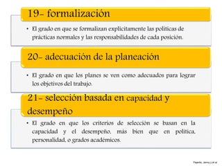 • El grado en que se formalizan explícitamente las políticas de
prácticas normales y las responsabilidades de cada posición.
19- formalización
• El grado en que los planes se ven como adecuados para lograr
los objetivos del trabajo.
20- adecuación de la planeación
• El grado en que los criterios de selección se basan en la
capacidad y el desempeño, más bien que en política,
personalidad, o grados académicos.
21- selección basada en capacidad y
desempeño
Pajarito, Jenny y et al
 