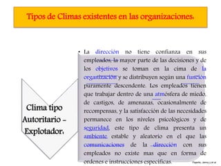 Tipos de Climas existentes en las organizaciones:
Clima tipo
Autoritario -
Explotador:
• La dirección no tiene confianza en sus
empleados, la mayor parte de las decisiones y de
los objetivos se toman en la cima de la
organización y se distribuyen según una función
puramente descendente. Los empleados tienen
que trabajar dentro de una atmósfera de miedo,
de castigos, de amenazas, ocasionalmente de
recompensas, y la satisfacción de las necesidades
permanece en los niveles psicológicos y de
seguridad, este tipo de clima presenta un
ambiente estable y aleatorio en el que las
comunicaciones de la dirección con sus
empleados no existe mas que en forma de
ordenes e instrucciones especificas. Pajarito, Jenny y et al
 
