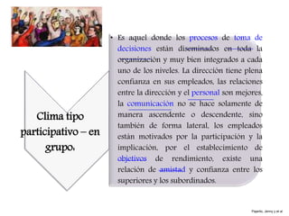 Clima tipo
participativo – en
grupo:
• Es aquel donde los procesos de toma de
decisiones están diseminados en toda la
organización y muy bien integrados a cada
uno de los niveles. La dirección tiene plena
confianza en sus empleados, las relaciones
entre la dirección y el personal son mejores,
la comunicación no se hace solamente de
manera ascendente o descendente, sino
también de forma lateral, los empleados
están motivados por la participación y la
implicación, por el establecimiento de
objetivos de rendimiento, existe una
relación de amistad y confianza entre los
superiores y los subordinados.
Pajarito, Jenny y et al
 