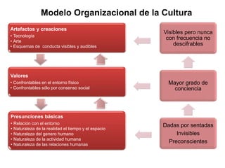 Artefactos y creaciones
• Tecnología
• Arte
• Esquemas de conducta visibles y audibles
Valores
• Confrontables en el entorno físico
• Confrontables sólo por consenso social
Presunciones básicas
• Relación con el entorno
• Naturaleza de la realidad el tiempo y el espacio
• Naturaleza del genero humano
• Naturaleza de la actividad humana
• Naturaleza de las relaciones humanas
Modelo Organizacional de la Cultura
Visibles pero nunca
con frecuencia no
descifrables
Mayor grado de
conciencia
Dadas por sentadas
Invisibles
Preconscientes
 