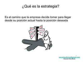 oa.consultores@gmail.com
Eduardo Pérez Muñiz
oa.consultores@gmail.com
Eduardo Pérez Muñiz
¿Qué es la estrategia?
Es el camino que la empresa decide tomar para llegar
desde su posición actual hasta la posición deseada
 