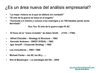 oa.consultores@gmail.com
Eduardo Pérez Muñiz
oa.consultores@gmail.com
Eduardo Pérez Muñiz
• “La mejor victoria es la que se obtiene sin combatir”
• “El arte de la guerra se basa en el engaño”
• “Conócete a ti mismo y conoce a tus enemigos y en 100 batallas jamás serás
derrotado”
Sun Tzu: El arte de la guerra siglo IV AC
¿Es un área nueva del análisis empresarial?
• Kim & Mauborgne – La estrategia del OA – 2005
• El freno de la “mano invisible” de Adam Smith (1723 – 1790)
• Alfred Chandler – Strategy & Structure – 1962
• Kenneth Andrews – SWOT (FODA) – 1963
• Igor Ansoff – Corporate Strategy – 1965
• Las consultoras – 1965 / 1980
• Michael Porter – los 80, los 90 y …..
 