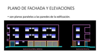 PLANO DE FACHADA Y ELEVACIONES
• son planos paralelos a las paredes de la edificación.
 