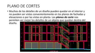 PLANO DE CORTES
• Muchos de los detalles de un diseño pueden quedar en el interior y
no pueden ser vistos convenientemente en los planos de fachadas y
elevaciones o por las vistas en planta. Los planos de corte nos
permiten ver mejor los detalles de un objeto que quedan dentro del
diseño.
 