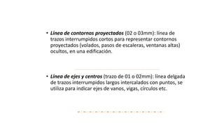 • Línea de contornos proyectados (02 o 03mm): línea de
trazos interrumpidos cortos para representar contornos
proyectados (volados, pasos de escaleras, ventanas altas)
ocultos, en una edificación.
• Línea de ejes y centros (trazo de 01 o 02mm): línea delgada
de trazos interrumpidos largos intercalados con puntos, se
utiliza para indicar ejes de vanos, vigas, círculos etc.
 