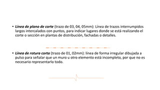 • Línea de plano de corte (trazo de 03, 04, 05mm): Línea de trazos interrumpidos
largos intercalados con puntos, para indicar lugares donde se está realizando el
corte o sección en plantas de distribución, fachadas o detalles.
• Línea de rotura corta (trazo de 01, 02mm): línea de forma irregular dibujada a
pulso para señalar que un muro u otro elemento está incompleto, por que no es
necesario representarlo todo.
 