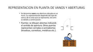 REPRESENTACION EN PLANTA DE VANOS Y ABERTURAS
• Se denomina vano una abertura ubicada en un
muro. Su representación depende del tipo de
vano y de la vista que se representa, tal como
se detalla a continuación:
• Puertas: se dibujan abiertas indicando
el sentido de apertura. Otras puertas se
representan cerradas o semiabiertas
(levadizas, corredizas, metálicas etc.).
P7
 