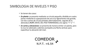 SIMBOLOGIA DE NIVELES Y PISO
• Se tienen dos casos:
• En planta: se presenta mediante un círculo pequeño, dividido en cuatro
partes mediante la superposición de una cruz ligeramente más grande,
con dos cuartos de círculo pintados alternadamente, seguido de la
abreviatura N.P.T. (NIVEL DEL PISO TERMINADO) y los signos “+” o “-“.
• En cortes y elevaciones: se presenta de manera similar a la planta, pero
la cruz no sobresale y además acompaña una flecha vertical, para
especificar la ubicación del nivel.
N.P.T. +6.54
COMEDOR
 